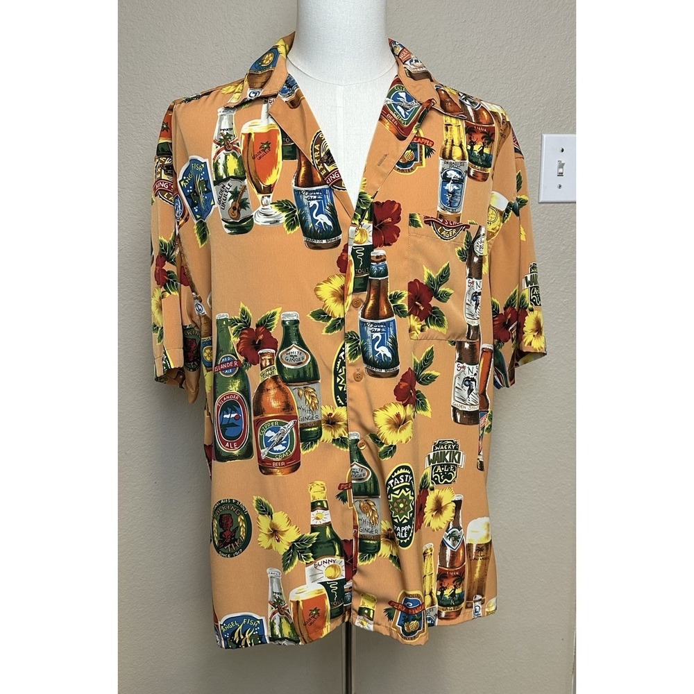 VTG Box Office Island Hawaiian Shirt Orange With Beer Bottle And Hibiscus Sz L